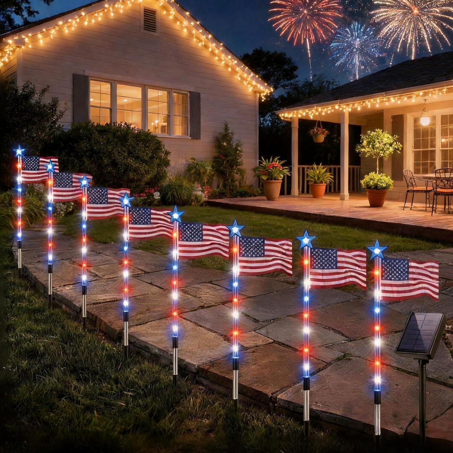 8 Piece Solar American Flag Lights Outdoor, Solar American Flag Pathway Stake Lights, 4th of July Decorations Outdoor, 8 Lighting Modes for Independence Day Yard Garden (8in1 Flag Lights)