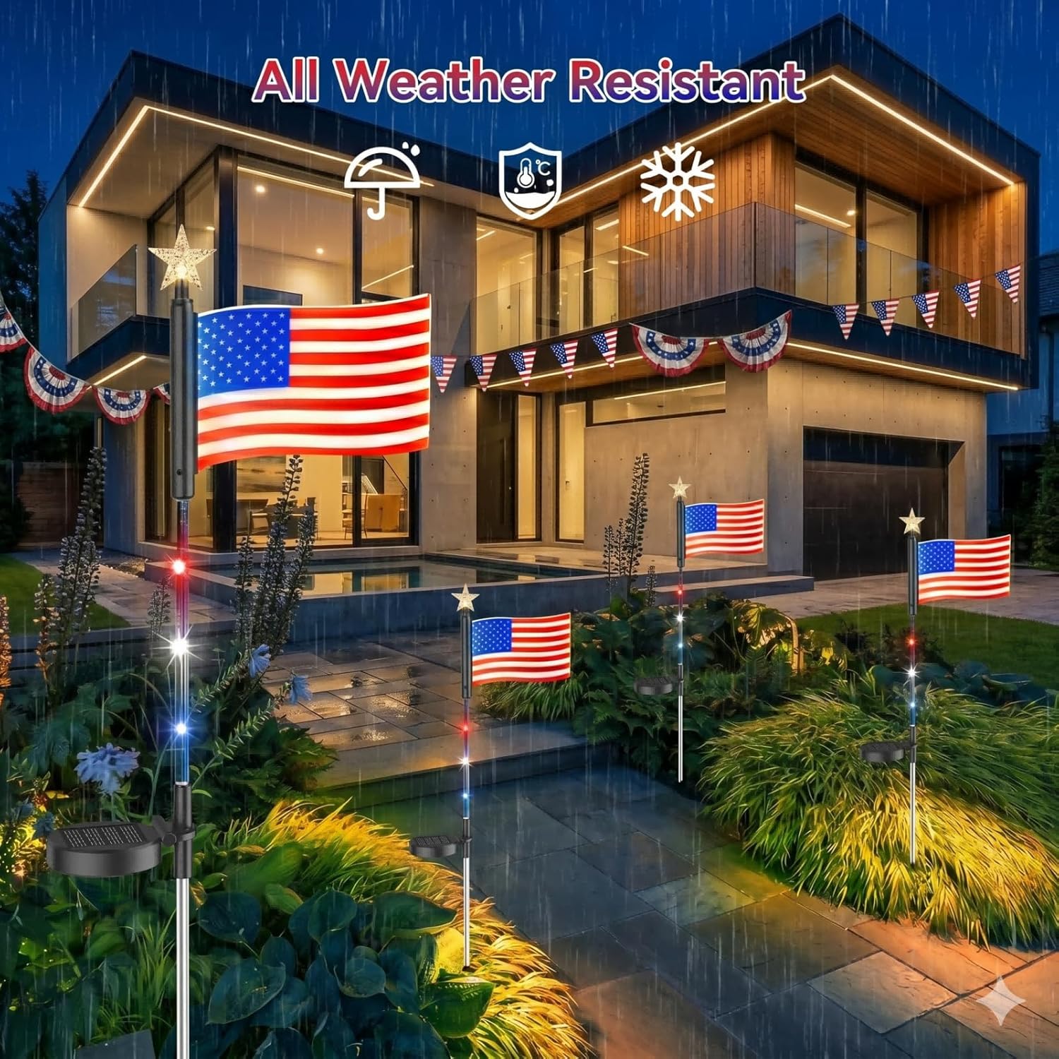 8 Piece Solar American Flag Lights Outdoor, Solar American Flag Pathway Stake Lights, 4th of July Decorations Outdoor, 8 Lighting Modes for Independence Day Yard Garden (8in1 Flag Lights)