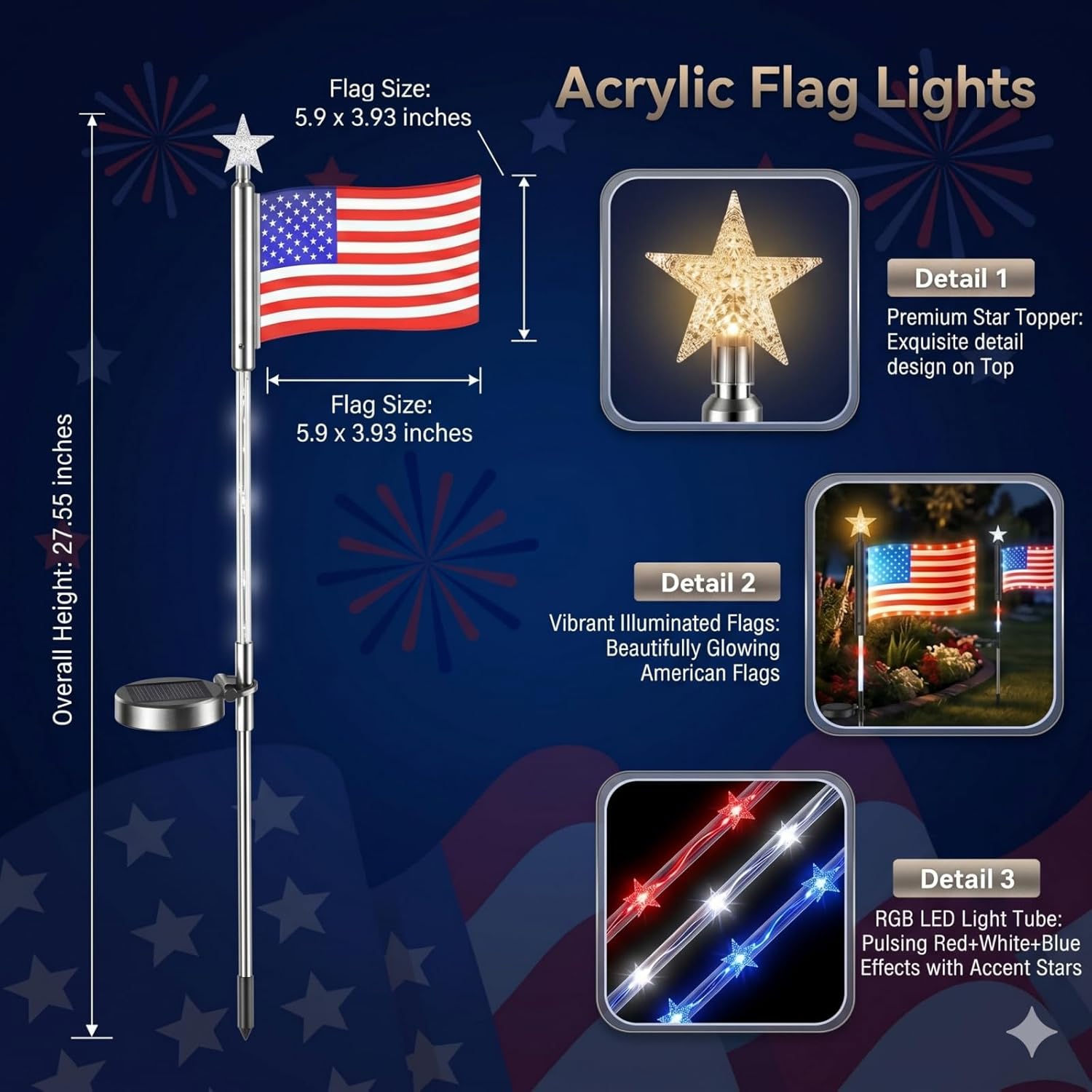 8 Piece Solar American Flag Lights Outdoor, Solar American Flag Pathway Stake Lights, 4th of July Decorations Outdoor, 8 Lighting Modes for Independence Day Yard Garden (8in1 Flag Lights)