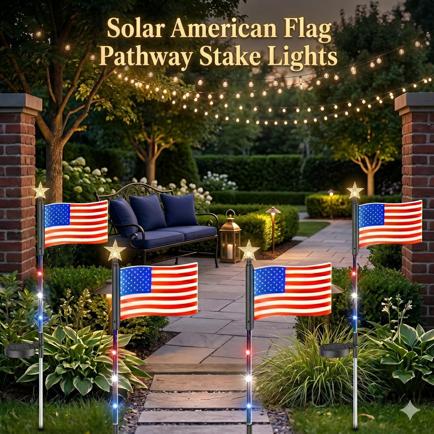 8 Piece Solar American Flag Lights Outdoor, Solar American Flag Pathway Stake Lights, 4th of July Decorations Outdoor, 8 Lighting Modes for Independence Day Yard Garden (8in1 Flag Lights)