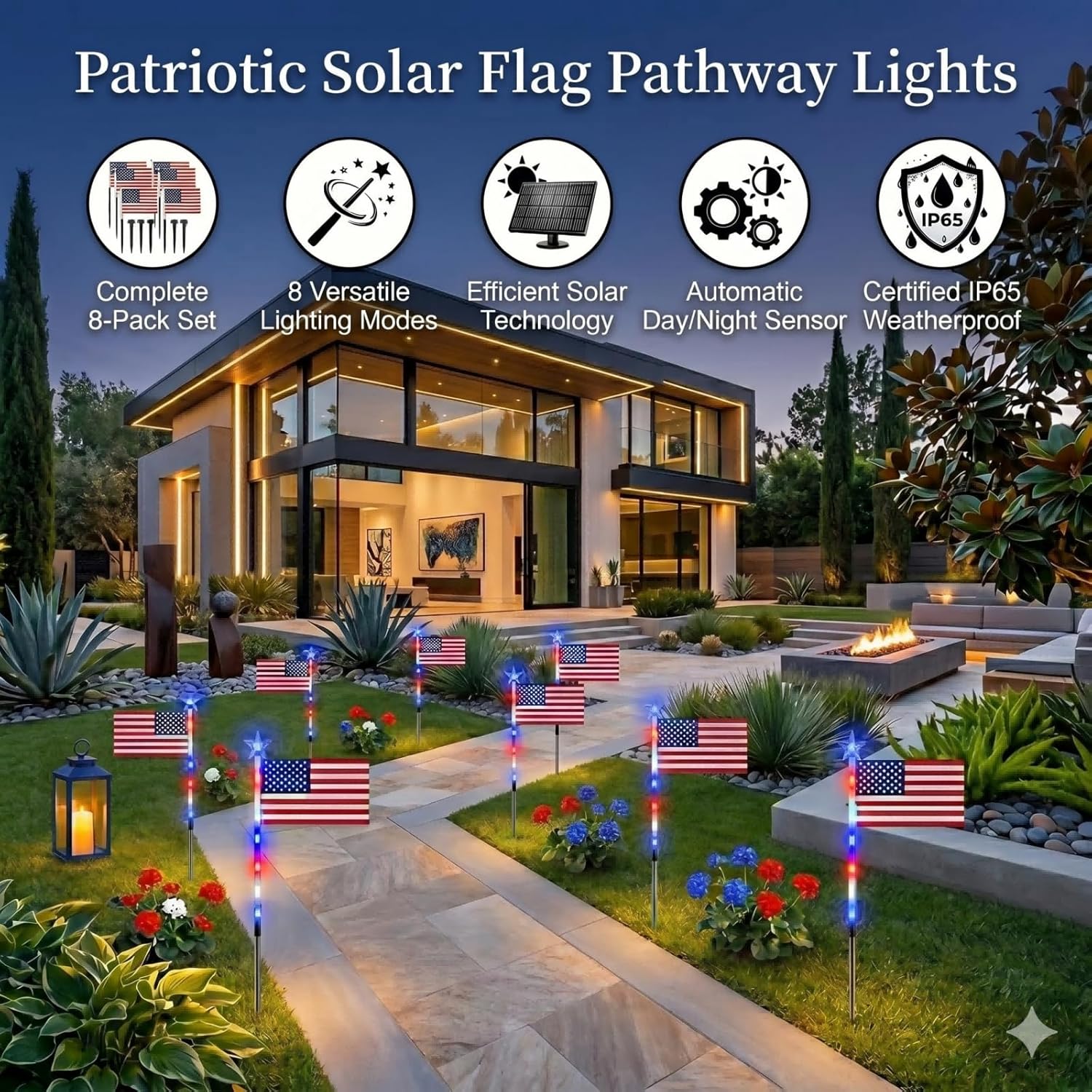8 Piece Solar American Flag Lights Outdoor, Solar American Flag Pathway Stake Lights, 4th of July Decorations Outdoor, 8 Lighting Modes for Independence Day Yard Garden (8in1 Flag Lights)
