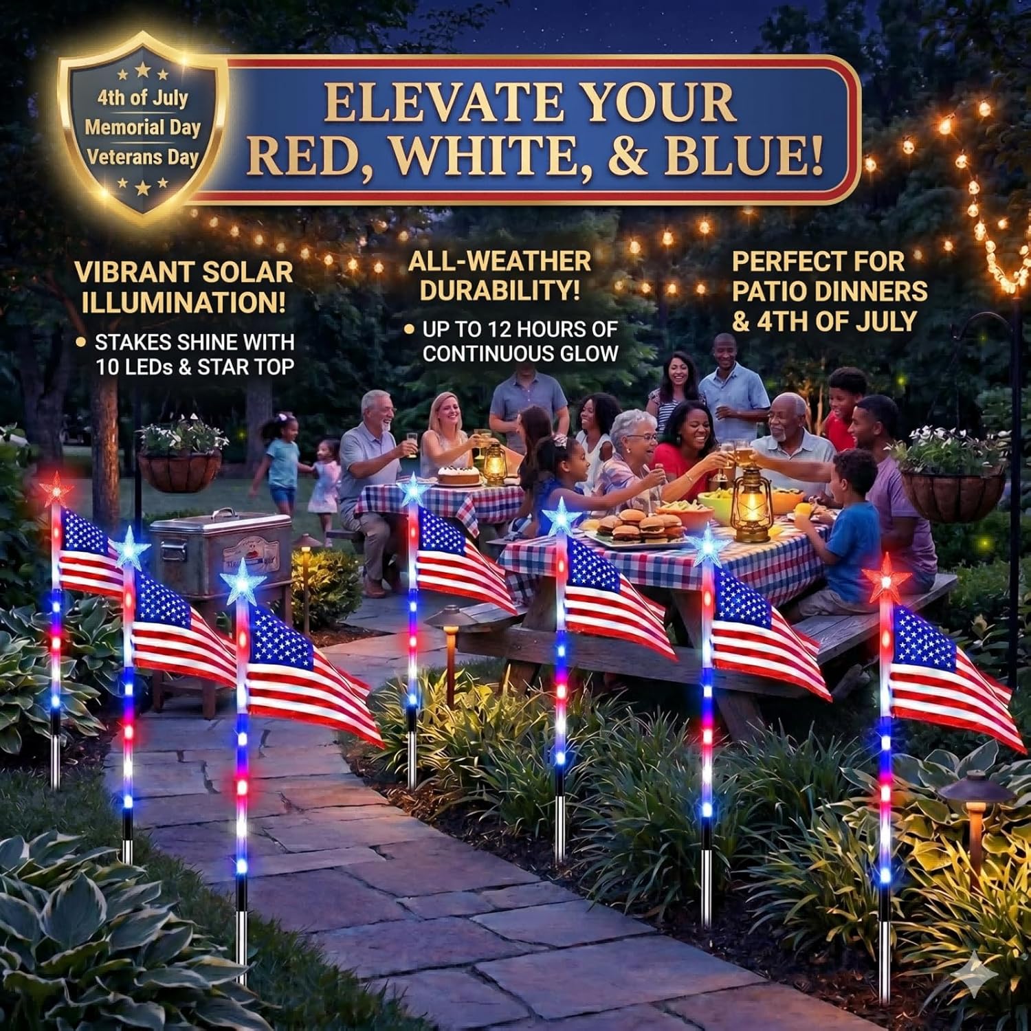 8 Piece Solar American Flag Lights Outdoor, Solar American Flag Pathway Stake Lights, 4th of July Decorations Outdoor, 8 Lighting Modes for Independence Day Yard Garden (8in1 Flag Lights)