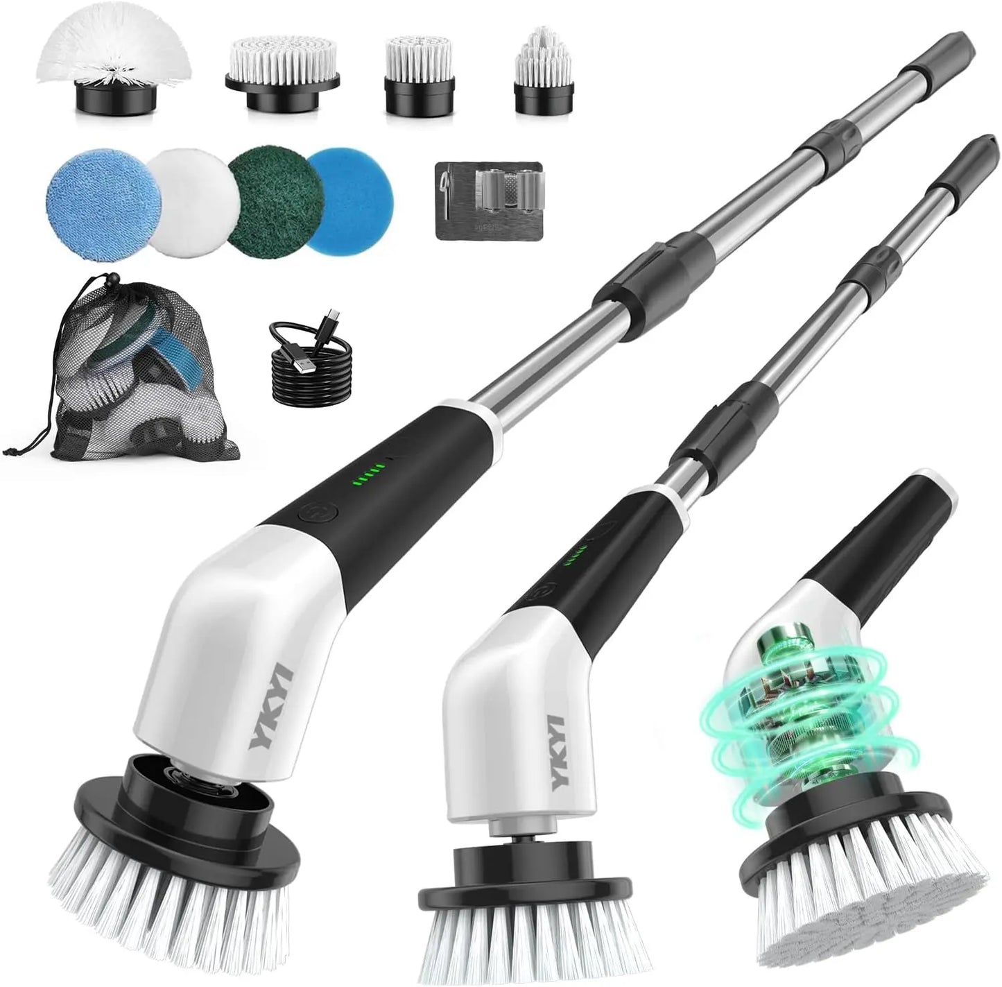 Cordless Power Spin Scrubber with 8 Heads & Extension Handle for Bathroom, Tub, Tile, Floor, Grout, Car