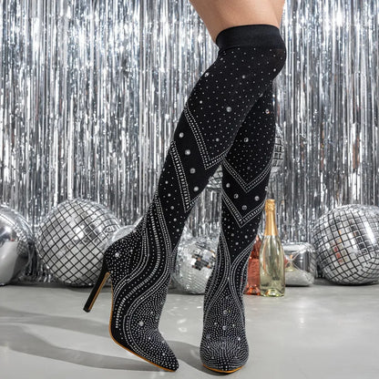 Women Sexy Stretch Fabric High Thin Heel Long Boots Office Rhinestone Over The Knee Boots Nightclub Party Banquet Fashion Boots