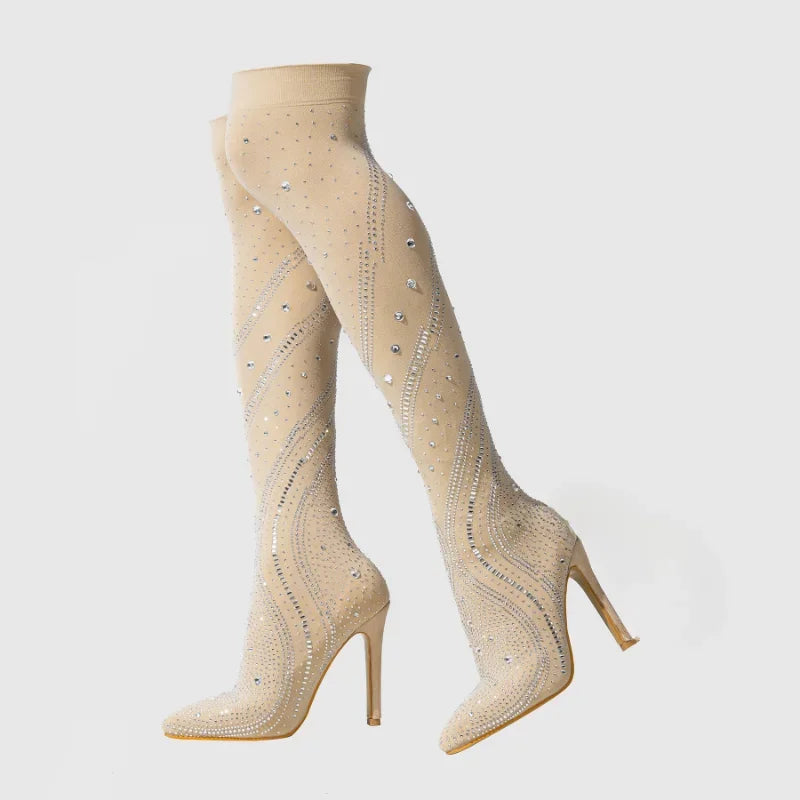 2026 Winter Street Style Sexy Stretch Fabric Knee-high Boots for Women Design Crystal Pointed Toe Stiletto Striptease High Heels