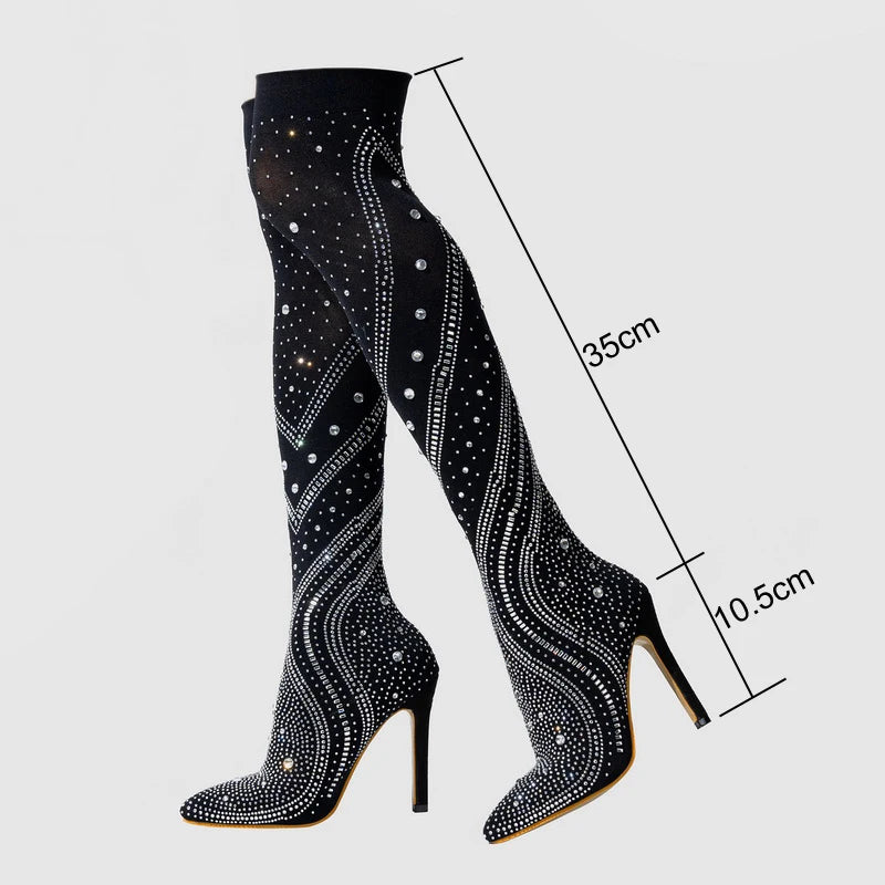 Women Sexy Stretch Fabric High Thin Heel Long Boots Office Rhinestone Over The Knee Boots Nightclub Party Banquet Fashion Boots