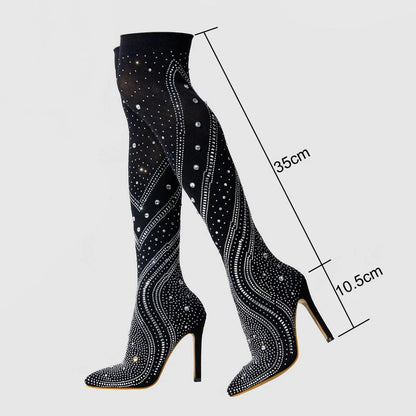 Women Sexy Stretch Fabric High Thin Heel Long Boots Office Rhinestone Over The Knee Boots Nightclub Party Banquet Fashion Boots