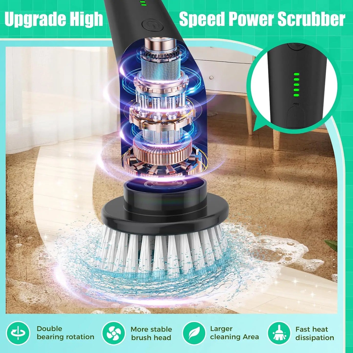 Cordless Power Spin Scrubber with 8 Heads & Extension Handle for Bathroom, Tub, Tile, Floor, Grout, Car