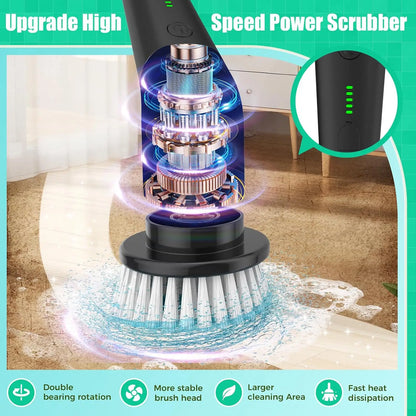Cordless Power Spin Scrubber with 8 Heads & Extension Handle for Bathroom, Tub, Tile, Floor, Grout, Car