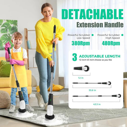 Cordless Power Spin Scrubber with 8 Heads & Extension Handle for Bathroom, Tub, Tile, Floor, Grout, Car