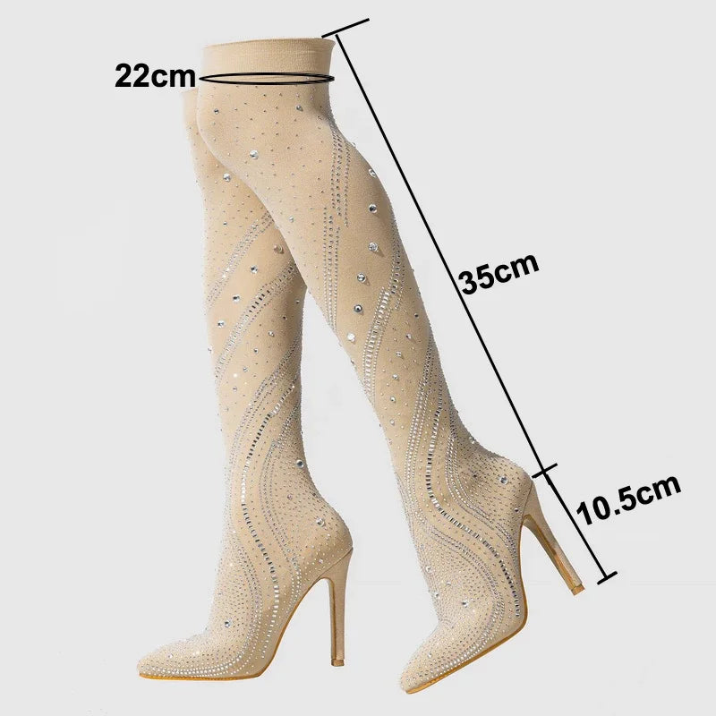Women Sexy Stretch Fabric High Thin Heel Long Boots Office Rhinestone Over The Knee Boots Nightclub Party Banquet Fashion Boots