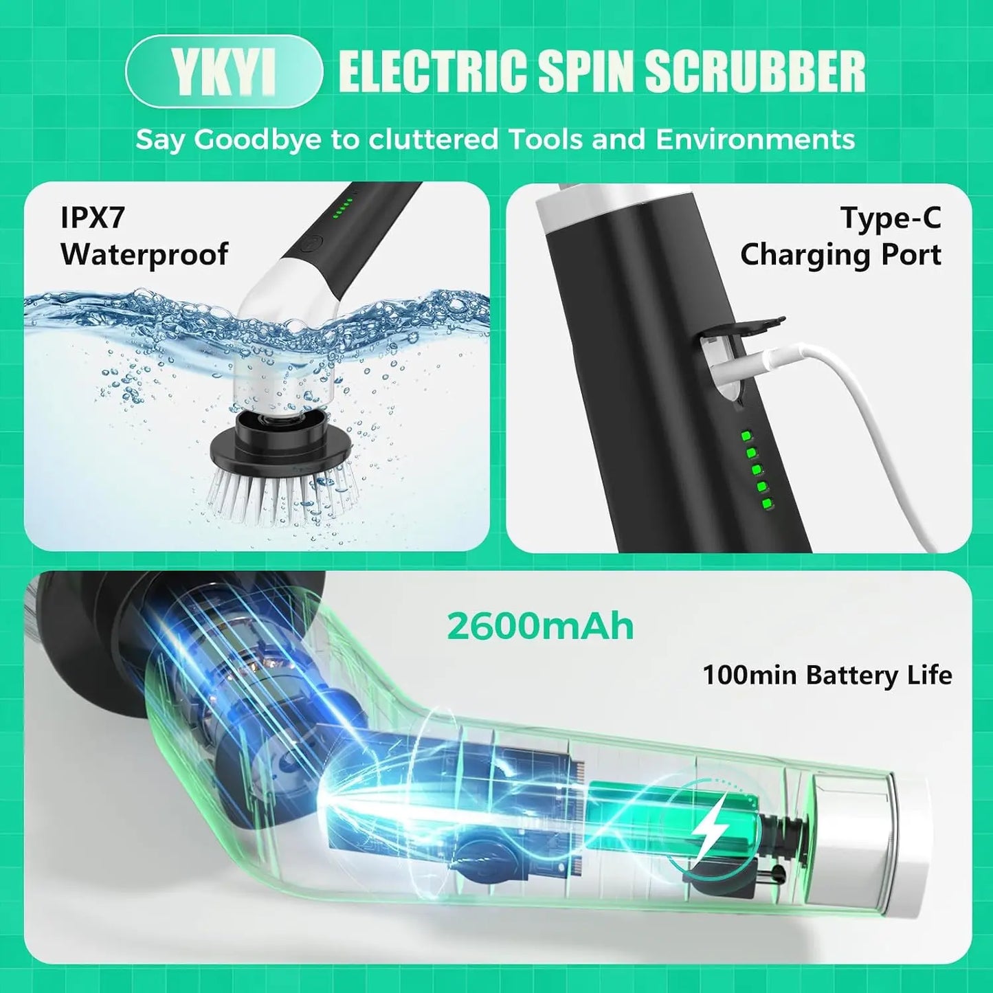 Cordless Power Spin Scrubber with 8 Heads & Extension Handle for Bathroom, Tub, Tile, Floor, Grout, Car
