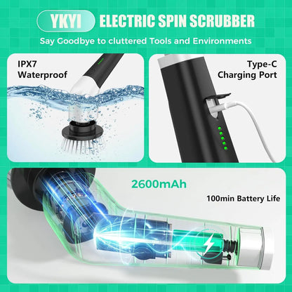 Cordless Power Spin Scrubber with 8 Heads & Extension Handle for Bathroom, Tub, Tile, Floor, Grout, Car
