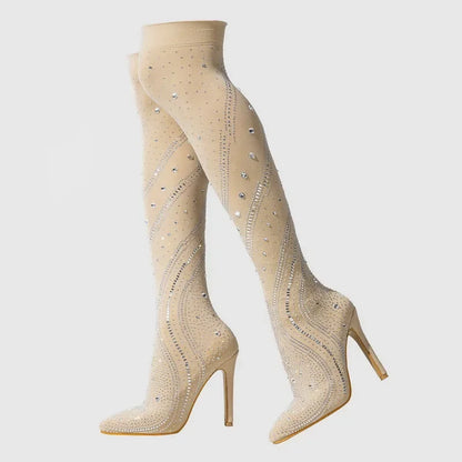 Women Sexy Stretch Fabric High Thin Heel Long Boots Office Rhinestone Over The Knee Boots Nightclub Party Banquet Fashion Boots