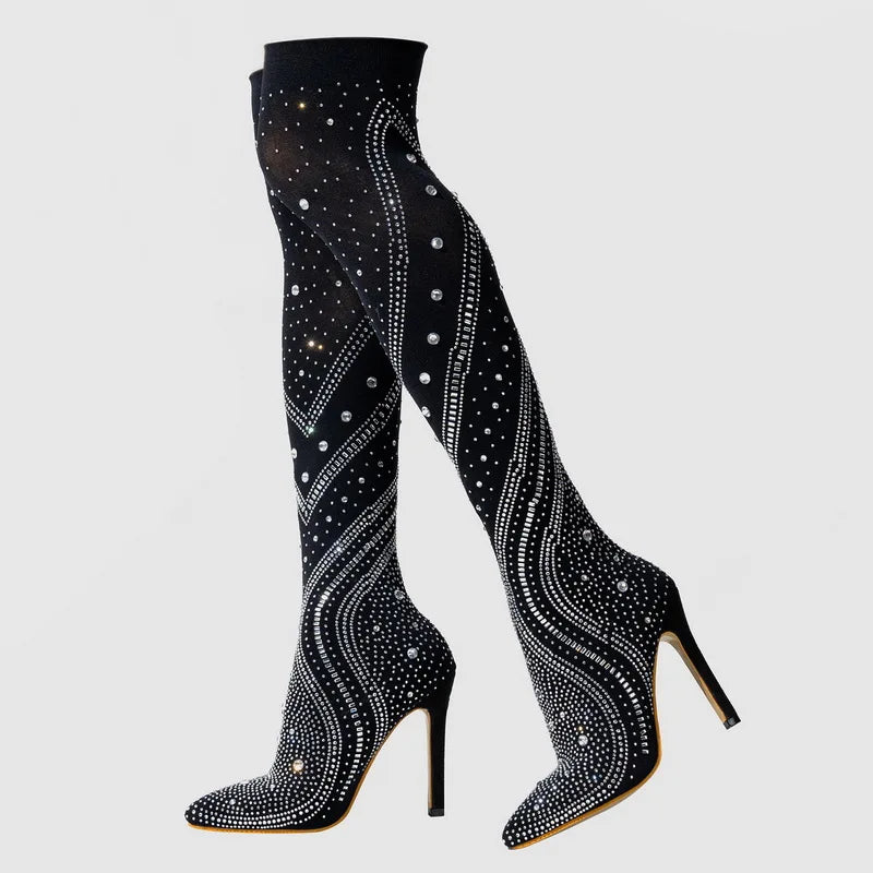Women Sexy Stretch Fabric High Thin Heel Long Boots Office Rhinestone Over The Knee Boots Nightclub Party Banquet Fashion Boots
