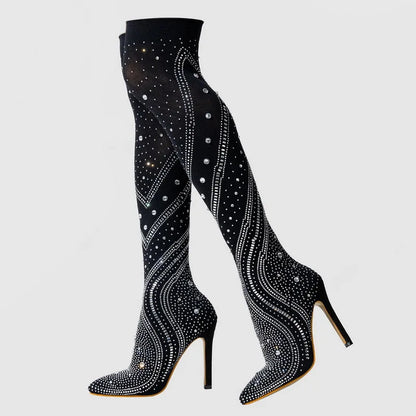 Women Sexy Stretch Fabric High Thin Heel Long Boots Office Rhinestone Over The Knee Boots Nightclub Party Banquet Fashion Boots