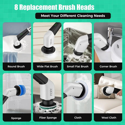 Cordless Power Spin Scrubber with 8 Heads & Extension Handle for Bathroom, Tub, Tile, Floor, Grout, Car