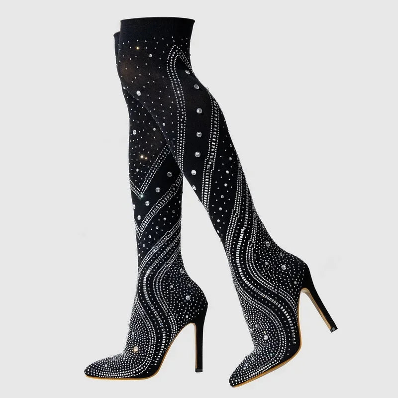 Women Sexy Stretch Fabric High Thin Heel Long Boots Office Rhinestone Over The Knee Boots Nightclub Party Banquet Fashion Boots