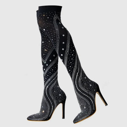 Women Sexy Stretch Fabric High Thin Heel Long Boots Office Rhinestone Over The Knee Boots Nightclub Party Banquet Fashion Boots