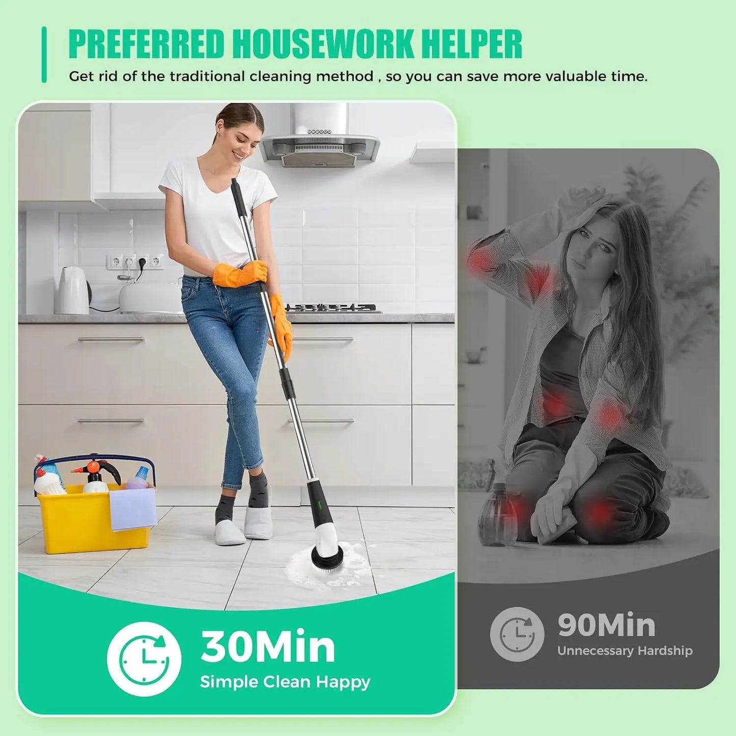 Cordless Power Spin Scrubber with 8 Heads & Extension Handle for Bathroom, Tub, Tile, Floor, Grout, Car